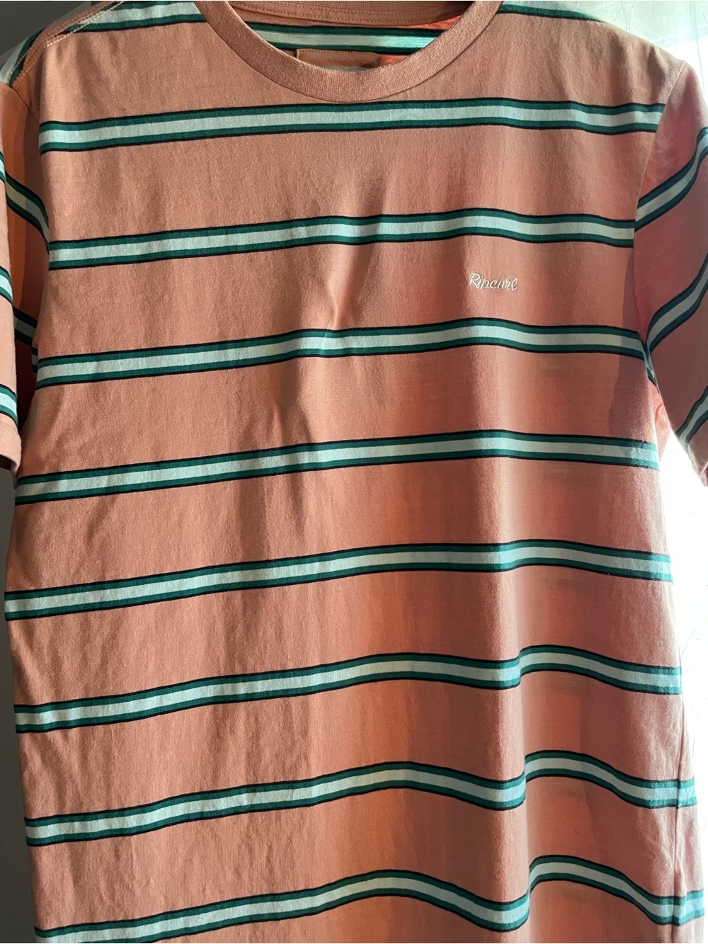NWOT RipCurl Striped Salmon Tee w/Green, Light Blue & Black horizontal stripes